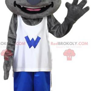 Grijze wolf mascotte in sportkleding. Wolf kostuum -